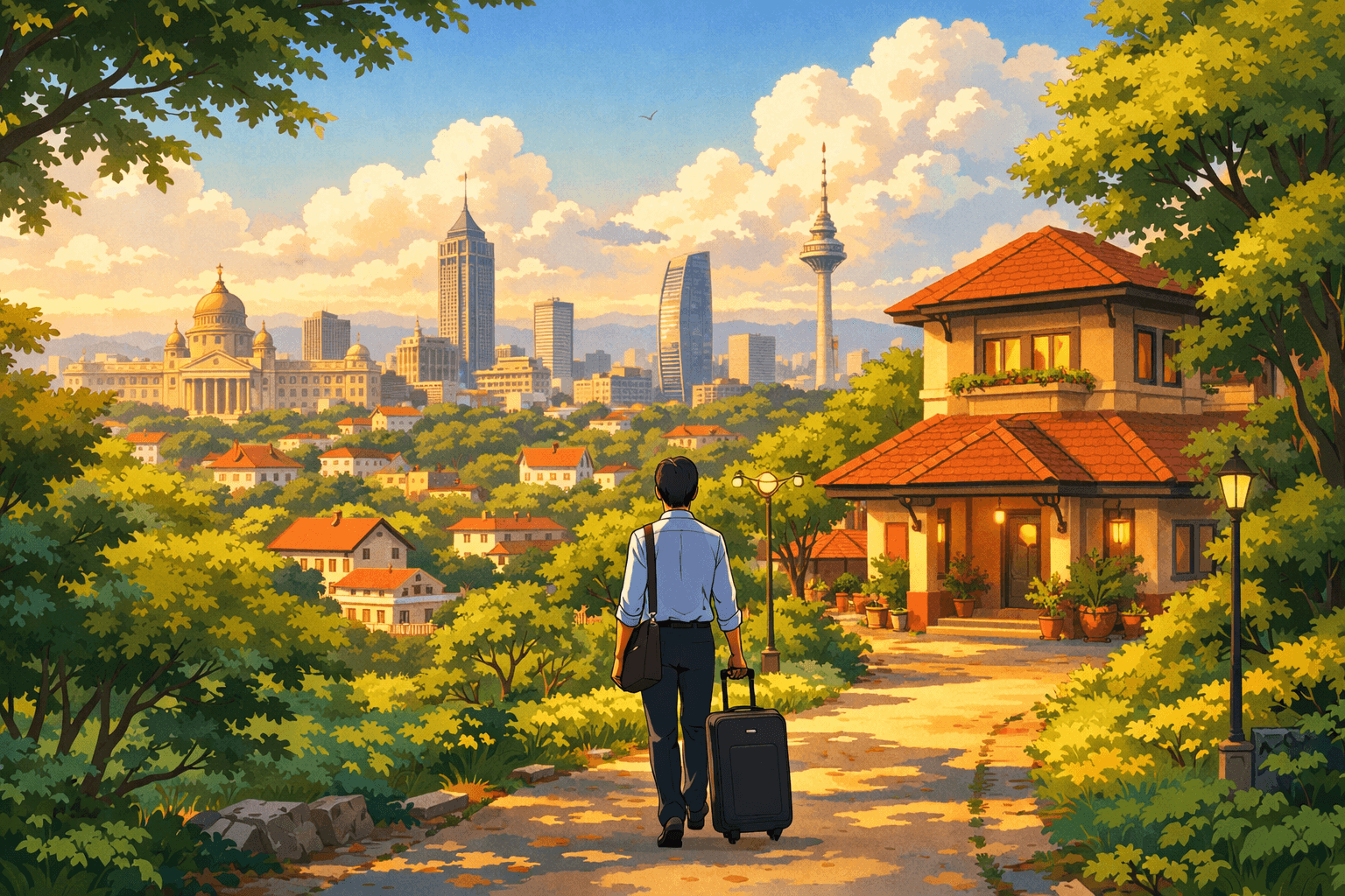 Illustrated Bangalore cityscape at golden hour